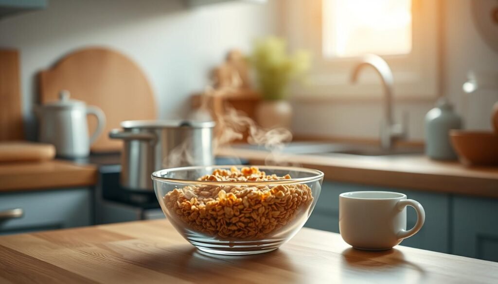 A cozy, minimal kitchen with warm wooden textures and light blue accents. In the foreground, a glass bowl filled with golden, crunchy granola sits on a wooden counter, steam gently rising from it. A small pot simmers on the stove, filled with milk or plant-based alternative, ready to be poured over the granola for a perfectly reheated, aromatic breakfast. Soft, natural lighting from a nearby window illuminates the scene, creating a serene, inviting atmosphere. In the background, a few simple kitchen essentials, such as a mug and a jar, add to the welcoming ambiance.