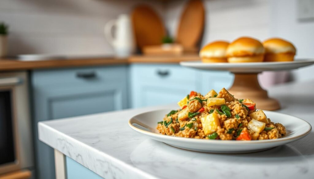A cozy, minimal kitchen with warm wooden textures and light blue accents. In the foreground, a plate showcases a savory tofu scramble, flecked with vibrant vegetables and herbs. Beside it, a plate of fluffy egg bites, their golden tops glistening. The scene is bathed in soft, natural lighting, capturing the textures and colors of this non-traditional breakfast spread. The focus is on the food, with no distracting elements. The mood is calm, inviting, and emphasizes the natural flavors of these protein-packed, low-sugar dishes.