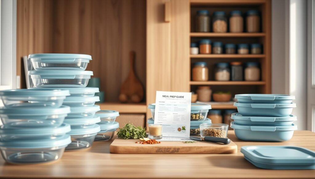 A cozy, minimal kitchen with warm wooden textures and light blue accents. In the foreground, a collection of glass storage containers and reusable lunch boxes in various sizes and shapes, their lids neatly stacked nearby. The middle ground features a cutting board with fresh herbs, spices, and a meal prep guide, while the background showcases a tidy pantry with jars of dried grains and legumes. The lighting is soft and diffused, creating a serene atmosphere suitable for planning and organizing delicious, no-heat lunchbox meals with global flavors.