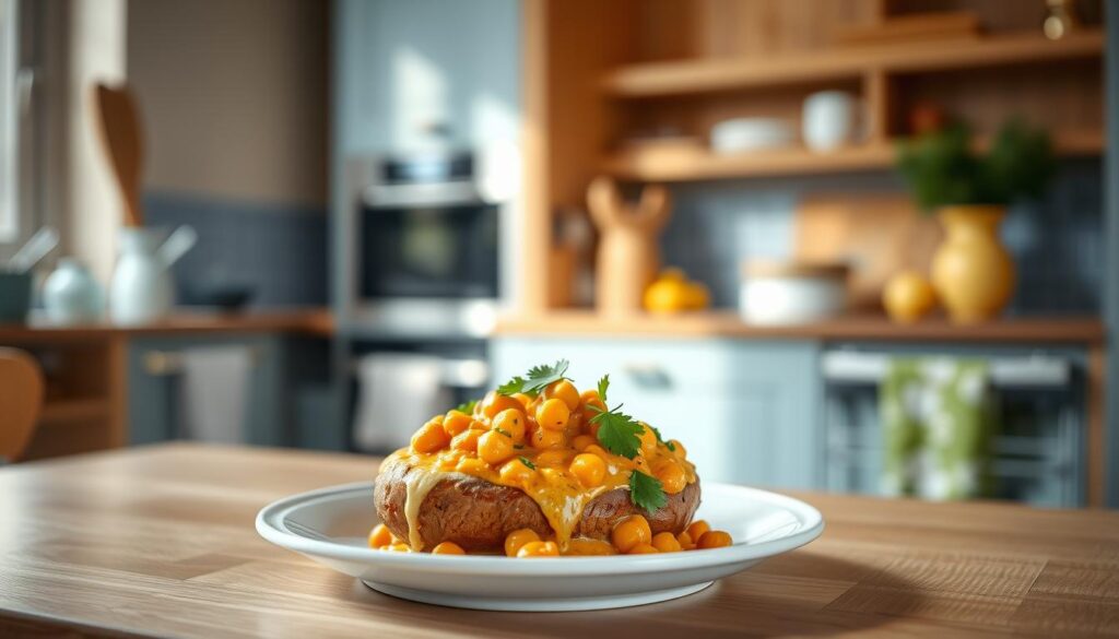 A cozy, minimal kitchen with warm wooden textures and light blue accents. In the foreground, a steaming jacket potato is topped with a vibrant vegan chickpea curry, the fragrant spices and creamy sauce glistening. Sprigs of fresh cilantro and a wedge of lemon add a touch of freshness. The composition is carefully balanced, with the meal artfully presented on a simple white plate, inviting the viewer to savor the nourishing, affordable lunch option.