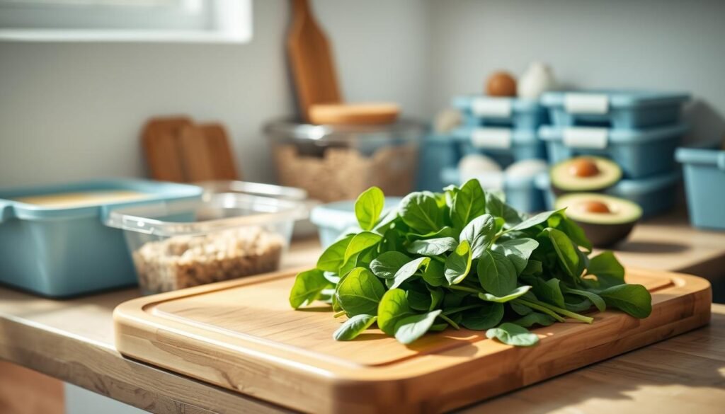 A cozy, minimal kitchen with warm wooden textures and light blue accents. In the foreground, a wooden cutting board displays freshly washed spinach leaves, their vibrant green hues contrasting against the natural tones. Surrounding the board, various meal prep containers, each holding a different component for a balanced breakfast - quinoa, hard-boiled eggs, and sliced avocado. Soft, natural lighting filters through the kitchen window, casting a gentle glow on the scene. In the background, a simple white wall provides a clean backdrop, allowing the fresh ingredients to take center stage. The overall mood is one of simplicity, organization, and a dedication to nourishing, wholesome meals.