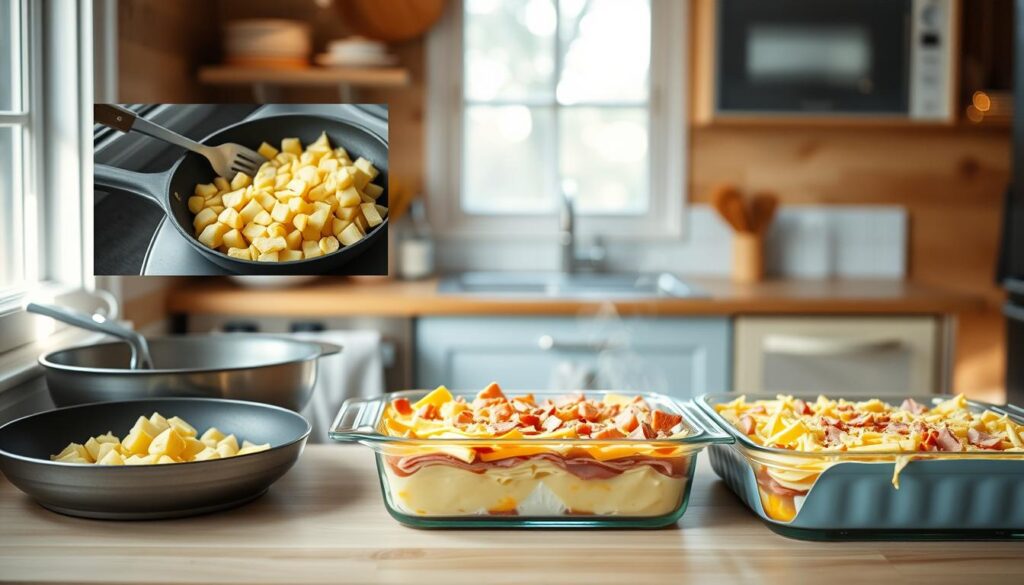 A cozy, minimal kitchen with warm wooden textures and light blue accents. In the foreground, a step-by-step visual guide showcases the preparation of a hearty breakfast casserole - diced potatoes sizzling in a skillet, whisked eggs being poured into a baking dish, layers of cheese and diced ham carefully arranged. The middle ground features the assembled casserole, ready for the oven, while the background subtly hints at the aroma of baking, with steam gently rising. Soft, natural lighting illuminates the scene, creating a welcoming and appetizing atmosphere.