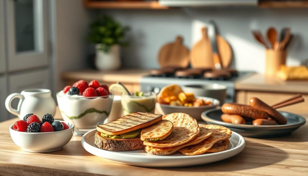 A cozy, minimal kitchen with warm wooden textures and light blue accents. In the foreground, an assortment of international keto-friendly breakfast favorites - silky smooth Greek yogurt with fresh berries, savory grilled halloumi cheese, creamy avocado toast, and crunchy chia pudding. The middle ground features a traditional Indian dosa, a Japanese breakfast miso soup, and a Spanish tortilla. In the background, a faint outline of sizzling bacon and golden-brown pork sausages. Soft, natural lighting illuminates the scene, casting a comforting glow over the diverse array of low-carb, high-fat morning delights.
