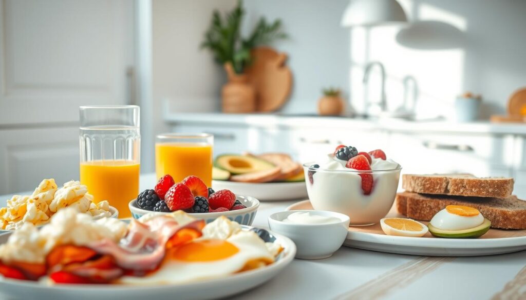 A cozy, minimal kitchen with warm wooden textures and light blue accents. In the foreground, an assortment of healthy protein-rich breakfast options: fluffy scrambled eggs, crisp bacon slices, creamy Greek yogurt topped with fresh berries, and a glass of refreshing orange juice. The middle ground features a neatly arranged selection of whole grain toast, avocado slices, and a hard-boiled egg. In the background, a clean white countertop with a subtle plant accent and a simple pendant light, casting a soft, natural glow over the scene. The atmosphere is inviting, wholesome, and reflective of a nutritious, protein-packed start to the day.