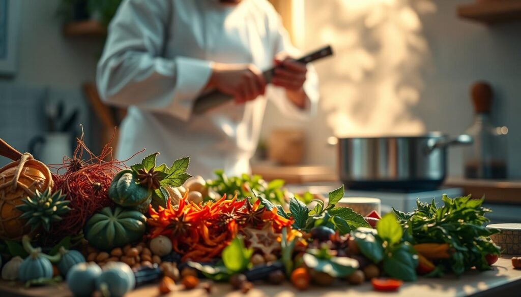A cozy, minimal kitchen with warm wooden textures and light blue accents. In the foreground, an array of aromatic spices and herbs, their vibrant colors and intricate shapes glistening under a soft, diffused light. In the middle, a skilled chef's hands expertly chopping and slicing ingredients, the rhythmic movement of the knife creating a captivating dance. In the background, a simmering pot of curry, the steam rising and filling the air with the tantalizing scent of global flavors. The scene exudes a sense of calm focus and culinary mastery, perfectly capturing the essence of 