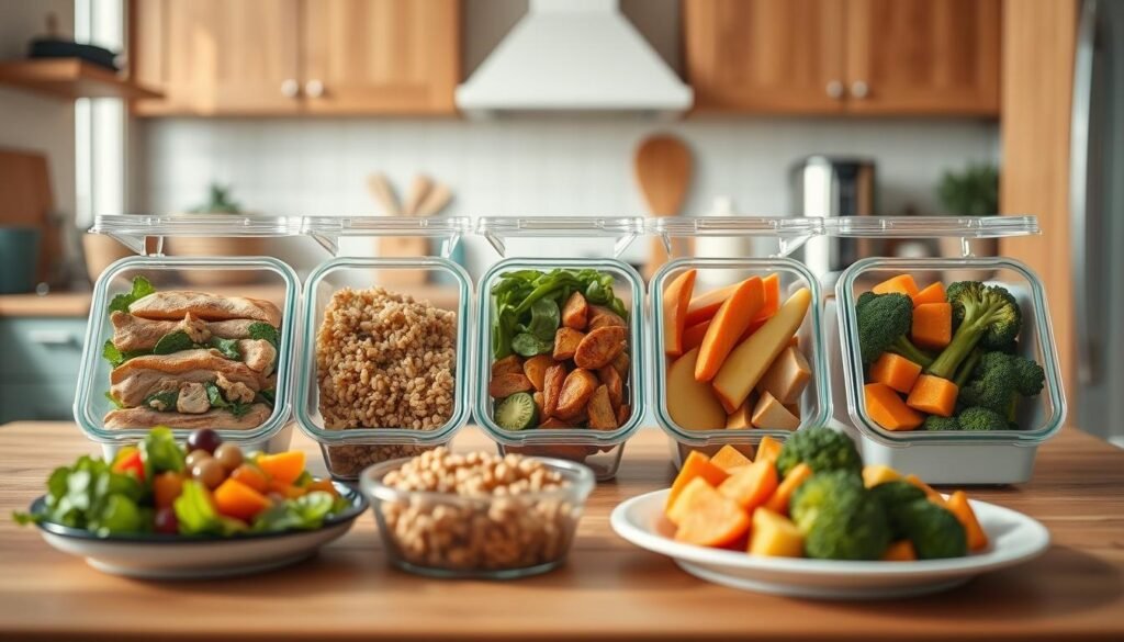 A cozy, minimal kitchen with warm wooden textures and light blue accents. In the foreground, an arrangement of various diet-friendly lunch recipes, including a fresh green salad, a quinoa and veggie bowl, and a refreshing fruit plate. The middle ground features neatly organized meal prep containers, each showcasing a different healthy component like grilled chicken, roasted sweet potatoes, and steamed broccoli. The background subtly hints at the No Heat Lunchbox Meals Make Ahead Component System, with a few relevant kitchen tools and appliances in the distance, all captured in a natural, soft lighting.