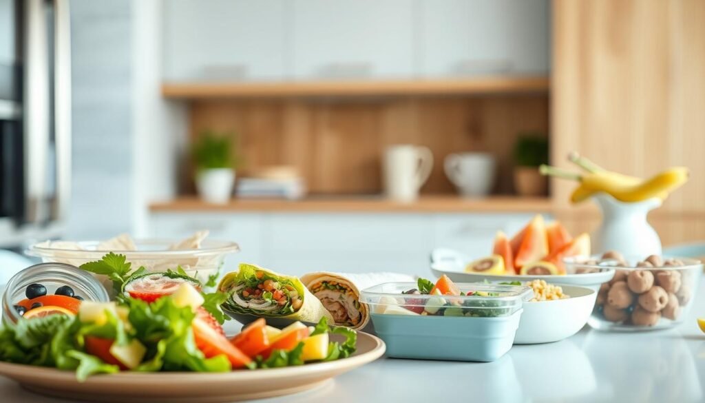 A cozy, minimal kitchen with warm wooden textures and light blue accents. In the foreground, an assortment of cold lunch ideas - fresh salads, colorful wraps, chilled protein-packed snacks, and refreshing fruit bowls. The lighting is soft and natural, casting a gentle glow on the neatly arranged lunchbox contents. The overall atmosphere conveys a sense of simplicity, health, and efficiency - the perfect no-heat lunchbox meals for weekly planning.