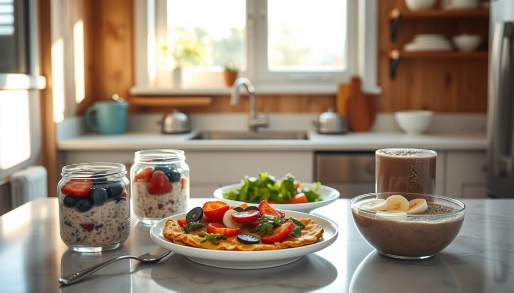 A cozy, minimal kitchen with warm wooden textures and light blue accents. On a marble countertop, an assortment of freshly prepared athlete-friendly breakfast dishes - overnight oats with berries, a frittata brimming with veggies, and a smoothie bowl topped with sliced banana and chia seeds. Sunlight streams in through a large window, casting a soft glow on the scene. The atmosphere is serene and inviting, perfectly capturing the 