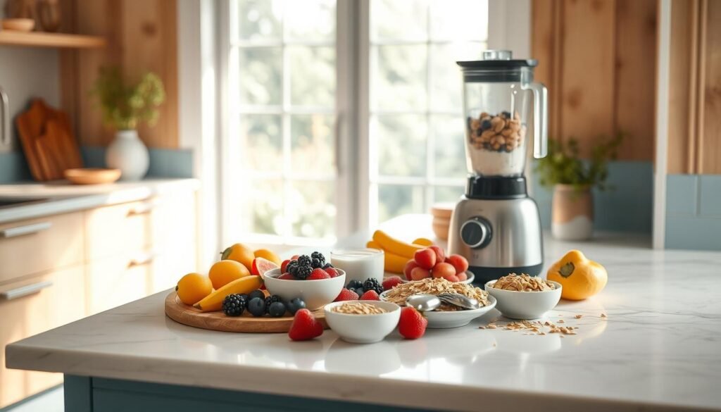 A cozy, minimal kitchen with warm wooden textures and light blue accents. On a pristine marble countertop, an array of dairy-free breakfast ingredients lies neatly arranged - fresh fruits, oats, plant-based milk, and an assortment of nuts and seeds. A clean-lined blender stands ready, its sleek lines complementing the overall design. Warm, diffused lighting illuminates the scene, casting gentle shadows and highlighting the vibrant colors. In the background, a large window offers a glimpse of a lush, green outdoors, creating a serene and inviting atmosphere for customizing delectable dairy-free breakfasts.