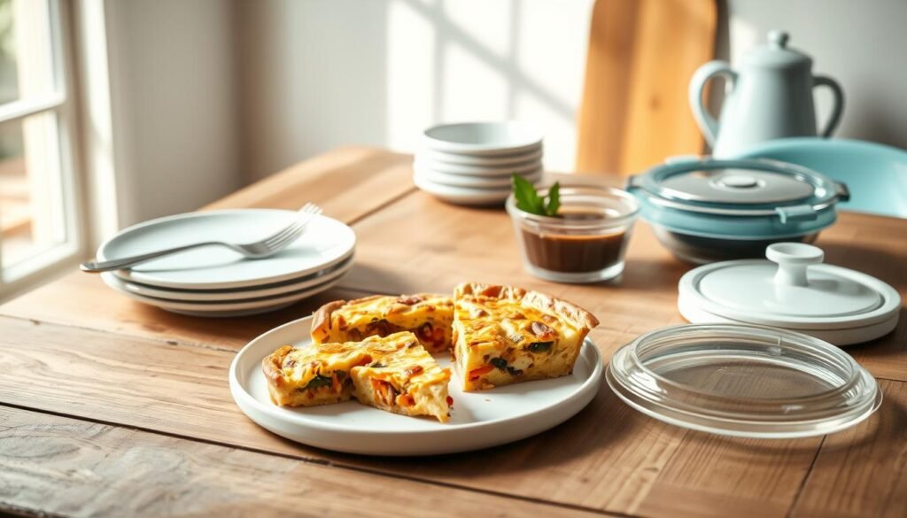 A cozy, minimal kitchen with warm wooden textures and light blue accents. On a rustic wooden table, a freshly baked frittata sits alongside a set of clean, white ceramic plates, forks, and a carafe of freshly brewed coffee. In the background, natural light floods the space, creating a soft, inviting ambiance. The frittata is sliced, revealing its fluffy, golden interior filled with vibrant seasonal vegetables. Nearby, a glass storage container and a reusable silicone lid suggest best practices for serving, storing, and reheating the dish. The overall scene conveys a sense of comfort, simplicity, and culinary expertise.