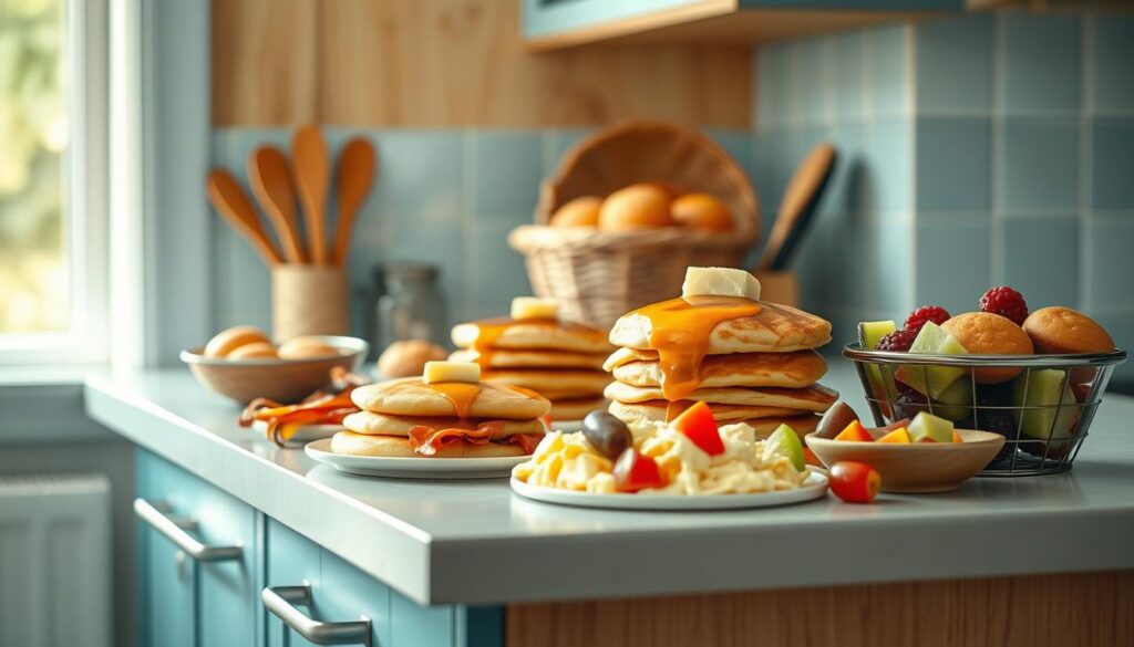A cozy, minimal kitchen with warm wooden textures and light blue accents. On the counter, a varied spread of sweet and savory breakfast options: fluffy pancakes drizzled with maple syrup, crisp bacon and sausage links, creamy scrambled eggs, a basket of fresh-baked muffins, and a vibrant fruit salad. Bright natural light filters in, casting a soft glow over the scene. The arrangement is visually appealing, showcasing the diverse flavors and textures that will energize and delight on busy school mornings.