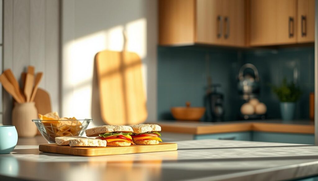 A cozy, minimal kitchen with warm wooden textures and light blue accents. On the counter, a carefully arranged display showcases the steps of a frozen breakfast sandwich preparation routine - from pre-assembled ingredients to the final, steaming result. Soft, natural lighting illuminates the scene, inviting the viewer to imagine the satisfying taste and convenience of this optimized freezer meal. The image conveys a sense of efficiency, organization, and the joy of a well-crafted, time-saving breakfast solution.