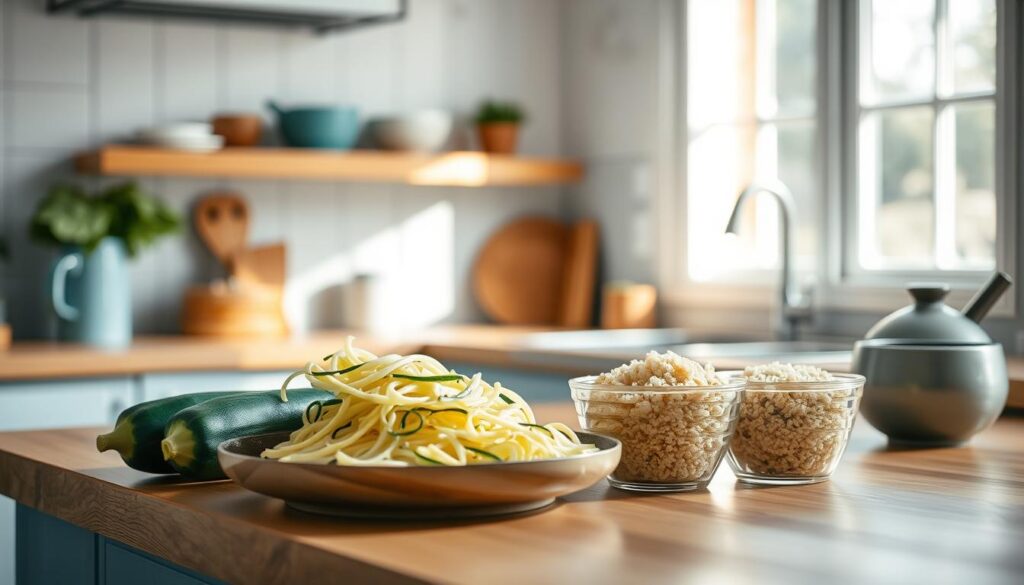 A cozy, minimal kitchen with warm wooden textures and light blue accents. On the counter, an assortment of leftover transformation ideas - zucchini noodles, cauliflower rice, and quinoa. Soft, natural lighting illuminates the scene, casting a gentle glow. A sense of simplicity and healthy culinary exploration pervades the atmosphere, inviting the viewer to imagine the endless possibilities for creating delicious, diabetic-friendly no-heat lunchbox meals.