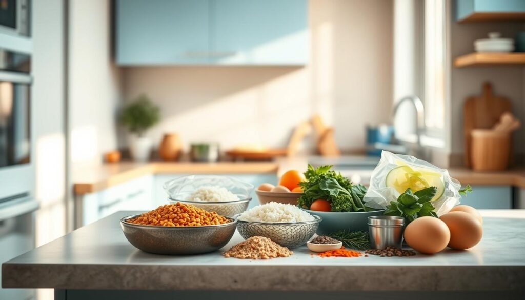 A cozy, minimal kitchen with warm wooden textures and light blue accents. On the counter, an assortment of affordable, nutrient-dense ingredients - lentils, rice, eggs, vegetables, and spices. The mise en place is artfully arranged, hinting at simple, cost-effective meal prep ideas for the busy professional. Soft, natural lighting filters in through a window, illuminating the scene and creating a calming, inviting atmosphere. The composition emphasizes simplicity, efficiency, and practical nourishment, capturing the essence of 