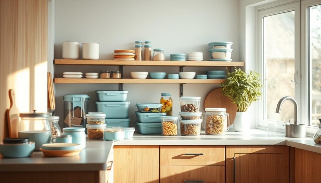A cozy, minimal kitchen with warm wooden textures and light blue accents. On the countertop, various storage containers, jars, and meal prep accessories are neatly arranged. The scene is well-lit, with soft natural lighting filtering in through large windows, casting gentle shadows and highlighting the clean, organized layout. The overall atmosphere conveys a sense of simplicity, efficiency, and intentionality - the perfect setting to showcase effective meal prep and storage tips for the busy work week ahead.