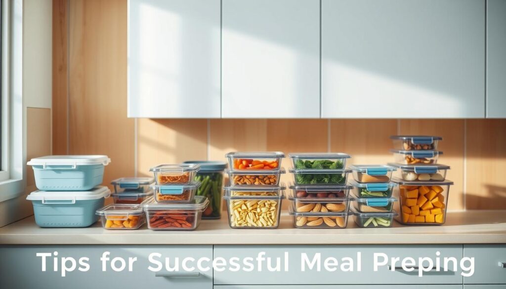 A cozy, minimal kitchen with warm wooden textures and light blue accents. On the countertop, various meal prep containers in different sizes and shapes are neatly arranged, showcasing a well-organized system for storing prepped components. The lighting is soft and natural, creating a serene atmosphere. The overall scene conveys a sense of efficiency and effortless routine, perfectly suited for the "Tips for Successful Meal Prepping" section of the article.