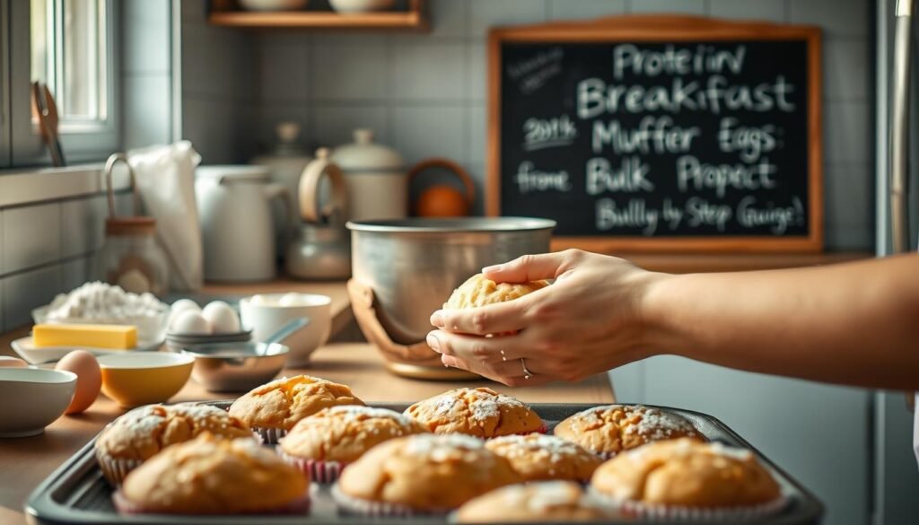 A cozy, minimal kitchen with warm wooden textures and light blue accents. On the countertop, a series of neatly arranged baking ingredients - flour, eggs, butter, and protein powder. A rustic mixing bowl sits in the center, surrounded by measuring cups and spoons. Sunlight filters in through the window, casting a soft glow over the scene. In the foreground, a baker's hands carefully combine the dry and wet ingredients, kneading the dough with precision. The middle ground features a tray of freshly baked muffins, their golden tops lightly dusted with powdered sugar. In the background, a chalkboard sign displays the title 