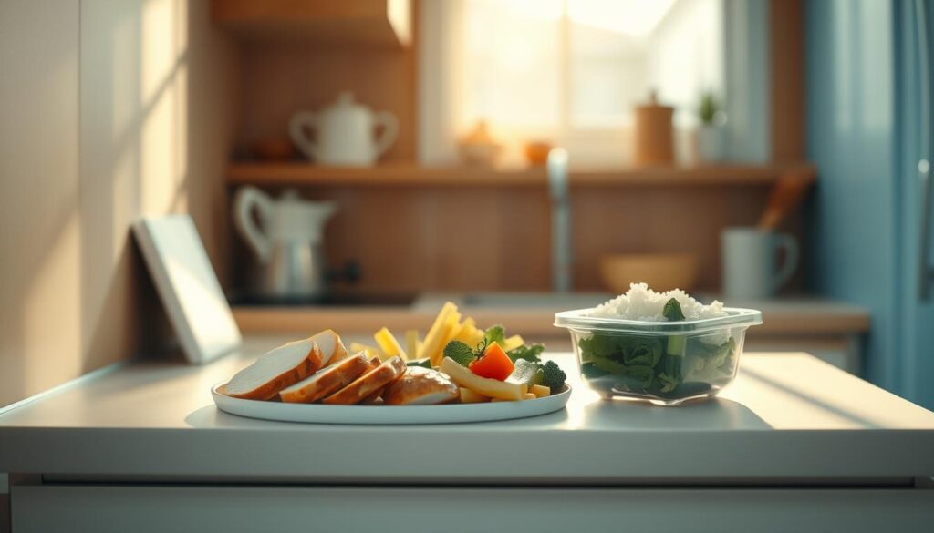 A cozy, minimal kitchen with warm wooden textures and light blue accents. On the countertop, a neatly arranged selection of leftovers from the fridge - slices of roasted chicken, steamed vegetables, and a small container of rice. Sunlight streams in through a nearby window, casting a soft, natural glow over the scene. The kitchen feels organized and inviting, encouraging the viewer to find inspiration in repurposing these simple ingredients into a delicious, wholesome school lunch.