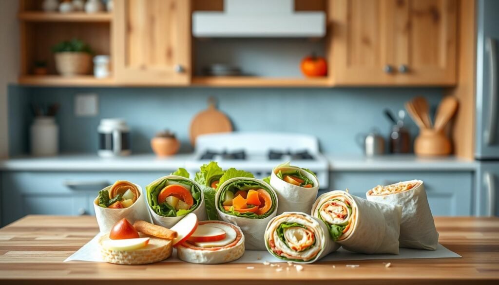 A cozy, minimal kitchen with warm wooden textures and light blue accents. On the countertop, an array of colorful, kid-friendly wraps - veggie rolls, fruit pinwheels, and peanut butter sandwiches. The wraps are presented in an inviting, artful display, with playful garnishes like sliced carrots, apple wedges, and toasted coconut flakes. Soft, natural lighting illuminates the scene, creating a welcoming, homemade atmosphere. The overall composition conveys a sense of simplicity, creativity, and appeal to a young audience, capturing the essence of "Kid-Approved Lunch Recipes and Ideas".