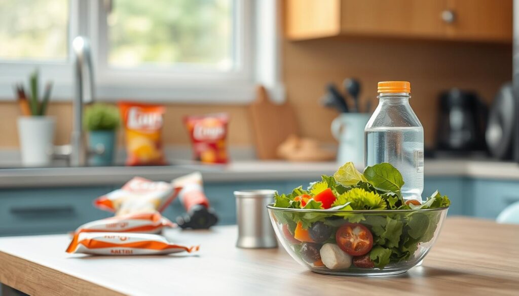 A cozy, minimal kitchen with warm wooden textures and light blue accents. On the desk, an array of tempting snacks - a chocolate bar, a bag of chips, and a soda can - strategically placed to draw the eye. Yet, in the foreground, a homemade salad and a water bottle stand resolute, symbolizing the healthier choice. Soft, natural lighting bathes the scene, creating a contemplative mood as the viewer navigates the temptations of the workplace mealtime.