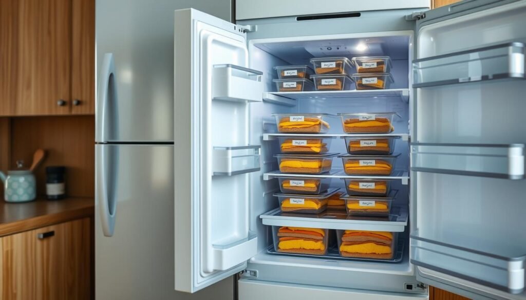A cozy, minimal kitchen with warm wooden textures and light blue accents. The freezer takes center stage, its door open to reveal a meticulously organized interior. Shelves are stacked with labeled, neatly arranged containers, each holding a perfectly portioned breakfast sandwich. The lighting is soft and natural, casting a gentle glow on the efficient, clutter-free setup. The scene conveys a sense of calm and purposeful organization, setting the stage for maximum efficiency in the preparation and storage of homemade frozen meals.
