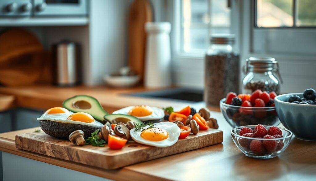 A cozy, minimal kitchen with warm wooden textures, light blue accents, and natural light filtering in. On the countertop, an array of paleo breakfast ingredients are neatly arranged: fresh eggs, avocado, sliced tomatoes, sautéed mushrooms, and a sprinkle of herbs. A glass jar of chia seeds and a bowl of fresh berries complete the scene, creating a visually appealing and nutritious paleo breakfast spread. The overall atmosphere is calm, inviting, and ready to fuel the day with wholesome, energizing flavors.