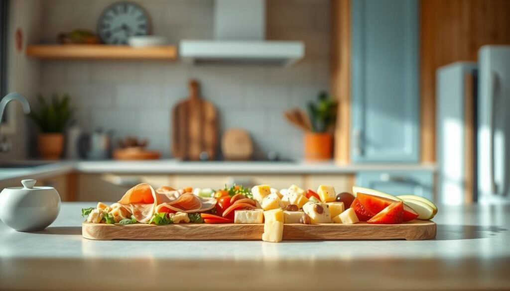 A cozy, minimal kitchen with warm wooden textures, light blue accents, and no hands in sight. On the counter, a spread of budget-friendly no-heat lunch options: slices of deli meat, bite-sized cheese cubes, crunchy veggies, and fresh fruit in a simple but appealing arrangement. The natural lighting casts a soft, inviting glow, highlighting the vibrant colors and textures of the meal. This scene captures the essence of &quot;Budget-Friendly No-Heat Lunch Ideas for Every Day&quot; - practical, cost-effective, and visually appetizing.