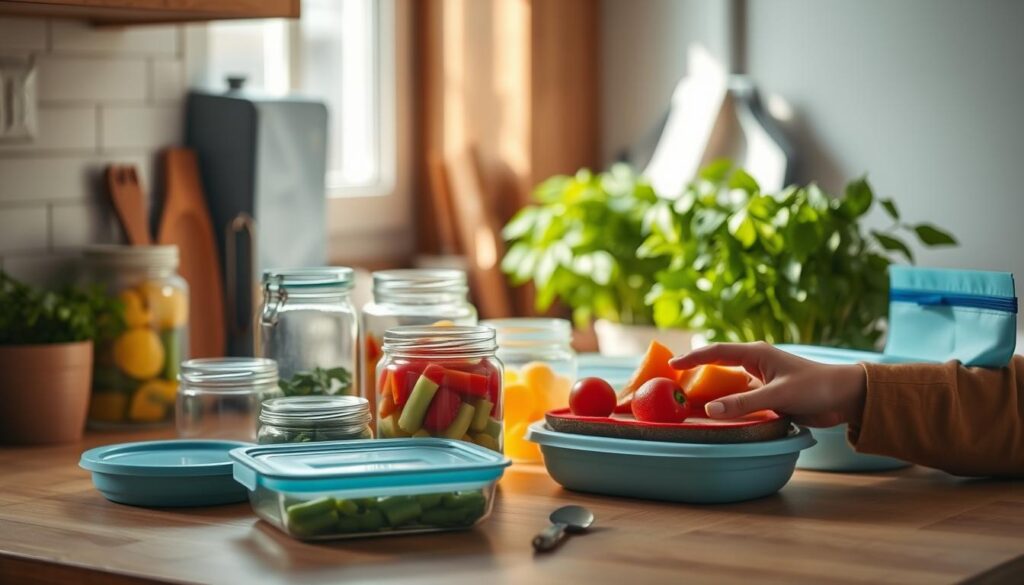 A cozy, minimal kitchen with warm wooden textures, light blue accents, and no hands visible. On the countertop, an assortment of Italian cold lunch storage solutions - glass jars, airtight containers, and reusable silicone bags. The lighting is soft and natural, highlighting the clean, organized layout. In the background, a glimpse of a lush, verdant herb garden, its vibrant greens complementing the cool blue tones. The overall atmosphere is one of simplicity, functionality, and a touch of Mediterranean flair, perfectly capturing the essence of "Meal Prep and Storage Tips for Italian Cold Lunchbox Meals".