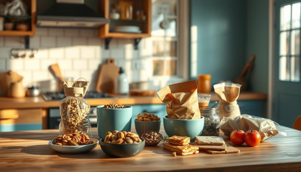 A cozy, minimal kitchen with wooden textures and light blue accents provides the backdrop for an array of backpacking recipe ideas. Various trail-friendly ingredients, including dried fruits, nuts, and energy bars, are neatly arranged on the counter, inviting the viewer to explore the possibilities of no-heat lunchbox meals. The scene is bathed in soft, natural lighting, creating a warm and inviting atmosphere that inspires the imagination to wander through the great outdoors, fueled by these portable and convenient culinary creations.