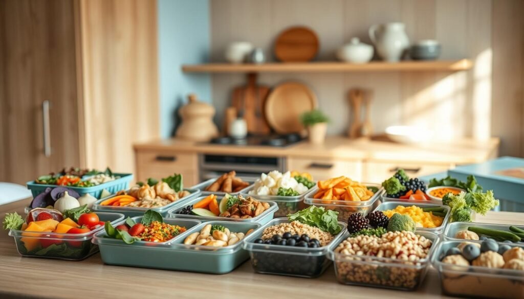 A cozy, minimal kitchen with wooden textures and light blue accents provides the backdrop for an array of creative bento recipes. In the foreground, a selection of freshly prepared, visually appealing bento boxes showcases a variety of textures, colors, and ingredients - from vibrant vegetables and fruits to lean proteins and artfully arranged grains. The lighting is soft and natural, highlighting the diverse flavors and textures of these no-heat lunchbox meals. The overall atmosphere is one of simplicity, creativity, and a celebration of the beauty of well-crafted, compartmentalized meals.
