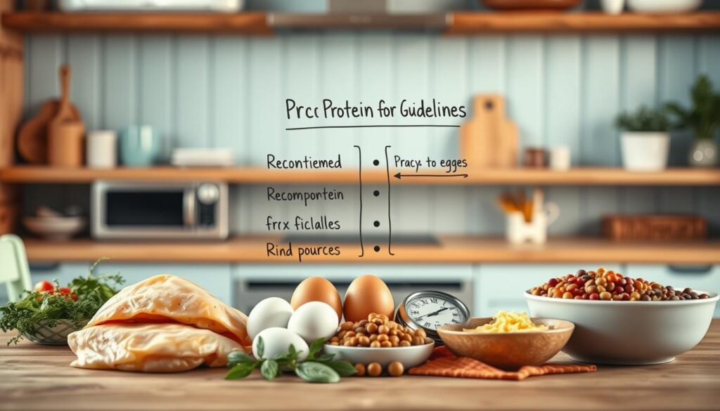 A cozy, minimal kitchen with wooden textures and light blue accents provides the backdrop for a clean, informative illustration of protein portion guidelines. In the foreground, various high-protein food items are neatly arranged, including chicken breasts, eggs, fish filets, and legumes. The middle ground showcases a simple, hand-drawn diagram outlining recommended portion sizes for different protein sources, conveying the message in a clear, easy-to-understand manner. Soft, diffused lighting illuminates the scene, creating a warm, inviting atmosphere that encourages the viewer to engage with the information presented.