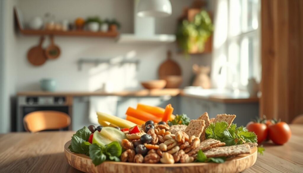 A cozy, minimal kitchen with wooden textures and light blue accents serves as the backdrop for a visually appealing snack plate. In the foreground, an array of dietary-friendly options are neatly arranged, including fresh vegetables, dried fruits, nuts, and whole-grain crackers. The lighting is soft and natural, casting a warm glow over the scene. The camera angle is slightly elevated, providing a birds-eye view of the customizable snack plate, allowing the viewer to envision how they might curate their own personalized, nutritious selection.