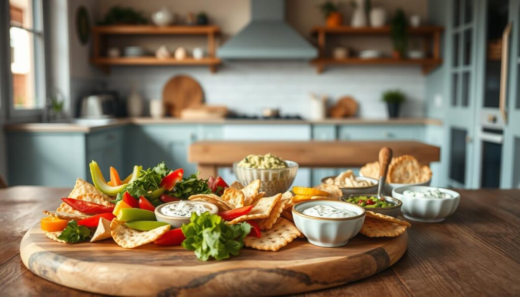 A cozy, minimal kitchen with wooden textures and light blue accents sets the stage for a delightful array of snack-inspired lunch dips and appetizers. In the foreground, a wooden board displays a selection of vibrant vegetables, crisp crackers, and artisanal bread slices, inviting the viewer to dip and indulge. In the middle ground, various dipping sauces and spreads, such as creamy hummus, tangy tzatziki, and zesty guacamole, are arranged in small, stylish bowls, each with its own unique flavor profile. The overall atmosphere is one of casual elegance, where the focus is on the simple pleasures of a satisfying and visually appealing lunchtime experience.