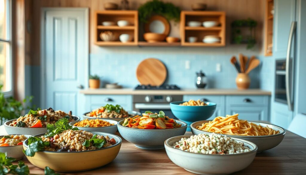 A cozy, minimal kitchen with wooden textures and light blue accents sets the stage for a vibrant display of colorful grain bowls and pasta options. In the foreground, an array of freshly prepared dishes showcases a variety of grains, such as quinoa, farro, and wild rice, complemented by an assortment of roasted vegetables, leafy greens, and flavorful sauces. The middle ground features artfully arranged pasta dishes, from classic marinara to creamy alfredo, each offering a unique texture and palette. The background captures the open shelving and clean lines of the kitchen, creating a simple yet inviting atmosphere. The lighting, a soft, natural glow, adds depth and warmth to the scene, capturing the essence of a healthy, no-heat lunchbox meal.