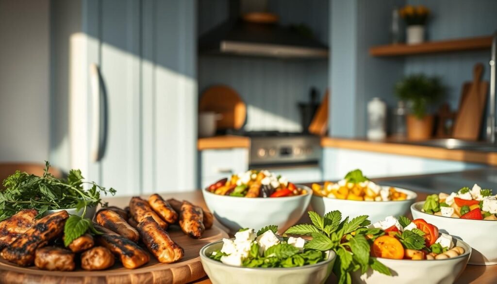 A cozy, minimal kitchen with wooden textures and light blue accents sets the stage for an array of Greek meal prep bowl variations. In the foreground, an assortment of fresh, vibrant ingredients - grilled chicken, marinated feta, roasted vegetables, and fragrant herbs like oregano and mint. The middle ground showcases the meticulously prepared bowls, each one a unique composition of flavors and textures, reflecting the versatility of this Mediterranean-inspired cuisine. The soft, natural lighting casts a warm, inviting glow, capturing the essence of a nourishing, homemade meal. The overall atmosphere evokes a sense of simplicity, wellness, and the joy of culinary exploration.