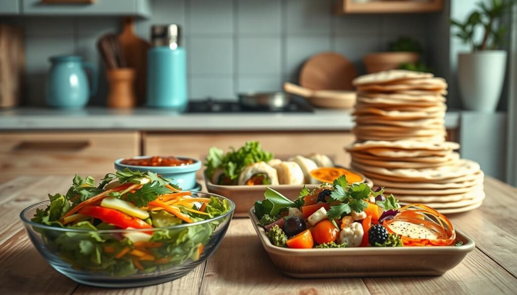 A cozy, minimal kitchen with wooden textures and light blue accents showcases an array of international lunch ideas. In the foreground, a vibrant salad with colorful vegetables, herbs, and a tantalizing dressing. In the middle ground, a bento-style box with sushi rolls, steamed dumplings, and a side of pickled vegetables. In the background, a thermos of fragrant curry, and a stack of flatbreads with various dips and spreads. The scene exudes a sense of global culinary exploration, inviting the viewer to discover new and exciting lunchbox options.