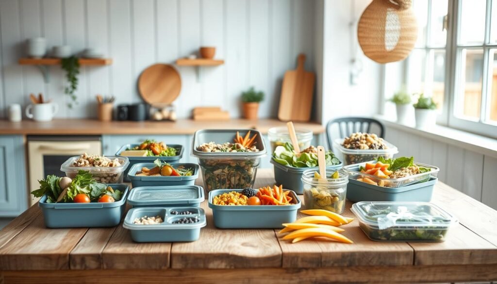 A cozy, minimal kitchen with wooden textures and light blue accents showcases an array of cold lunch recipes. On a simple, rustic wooden table, various portable containers hold a variety of nourishing, flavorful meals - from refreshing salads and hearty grain bowls to protein-packed sandwiches and colorful veggie wraps. Soft, diffused lighting from large windows illuminates the scene, creating a welcoming and inviting atmosphere for exploring "meal prep for work no microwave" strategies.