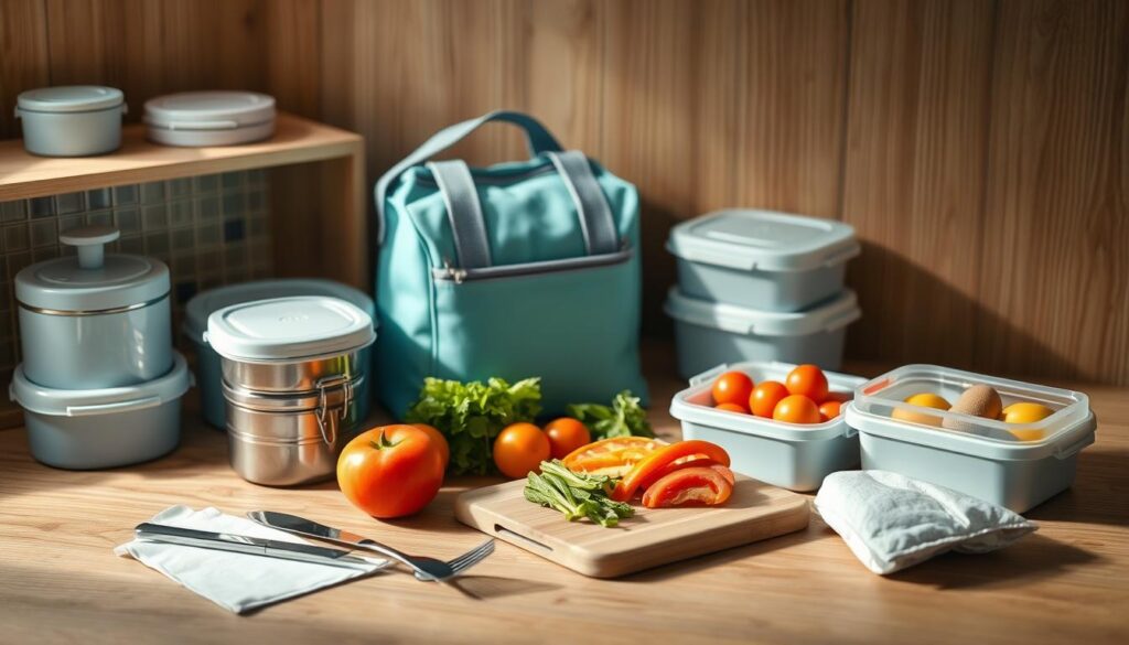 A cozy, minimal kitchen with wooden textures and light blue accents showcases an artful arrangement of reusable food containers, insulated bags, and ice packs. Elegant stainless steel utensils, a compact cutting board, and a selection of fresh, vibrant produce suggest careful meal preparation. The mood is one of intentionality and organization, with a focus on travel-friendly, no-heat lunchbox solutions. Soft, natural lighting illuminates the scene, casting a serene atmosphere ideal for on-the-go meal prepping.