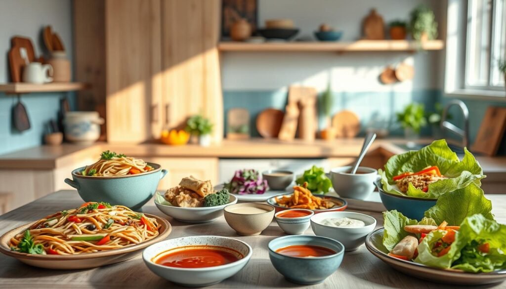 A cozy, minimal kitchen with wooden textures and light blue accents showcases an artful arrangement of global cold lunch recipes. In the foreground, various Asian-inspired dishes like chilled soba noodle salad, vegetable spring rolls, and teriyaki chicken lettuce wraps are elegantly presented. The middle ground features a diverse selection of dips, sauces, and garnishes, allowing for customizable flavor combinations. The background subtly hints at the international origins of these no-heat lunchbox meals, with spices, herbs, and a few cultural artifacts providing visual cues. The overall scene conveys a sense of culinary exploration and a celebration of diverse global flavors.