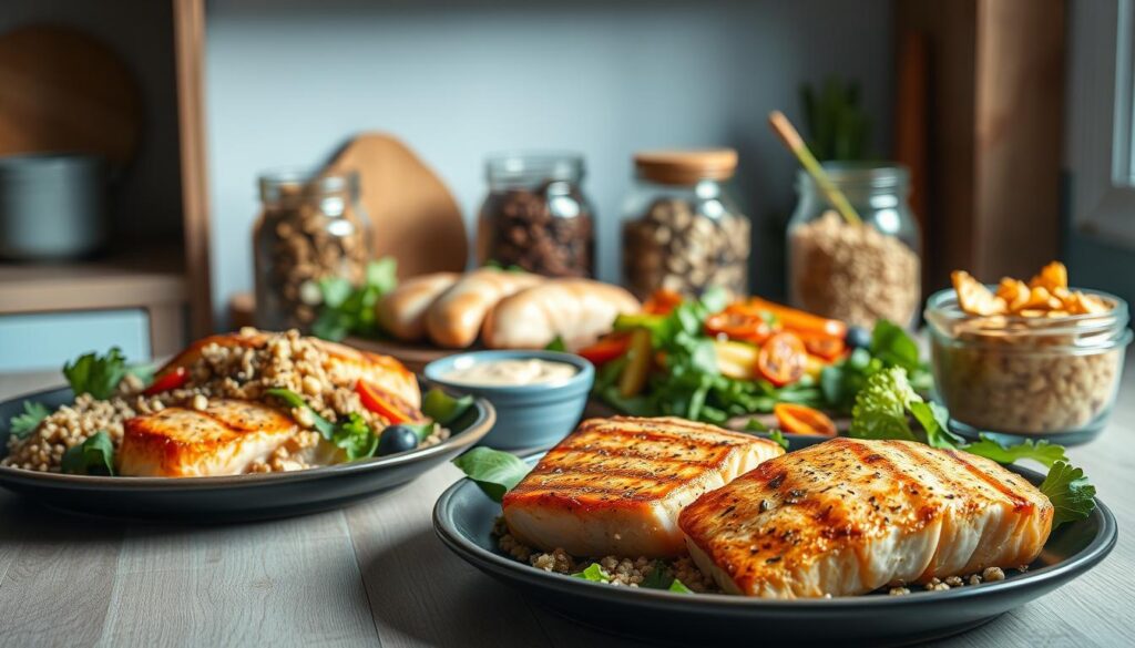 A cozy, minimal kitchen with wooden textures and light blue accents showcases an assortment of protein-packed lunch options. In the foreground, grilled salmon filets glisten under warm lighting, accompanied by a vibrant quinoa salad with roasted vegetables. In the middle ground, marinated chicken breasts sit atop a bed of leafy greens, complemented by crunchy vegetable sticks and a creamy hummus dip. In the background, glass jars filled with nuts, seeds, and dried fruits offer additional nutrient-dense choices. The scene exudes a sense of freshness and wholesome simplicity, ideal for a nourishing midday meal.