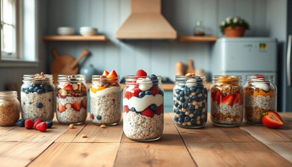 A cozy, minimal kitchen with wooden textures and light blue accents, showcasing a variety of creative overnight oats variations. In the foreground, a rustic wooden table displays an assortment of jars filled with colorful oat mixtures, each adorned with fresh fruits, nuts, and dollops of yogurt. The middle ground features a muted background, allowing the vibrant oat dishes to take center stage. Soft, diffused lighting casts a warm glow, highlighting the textures and diverse flavors. The overall atmosphere is one of simplicity, nourishment, and culinary inspiration, inviting the viewer to explore the endless possibilities of this versatile breakfast.