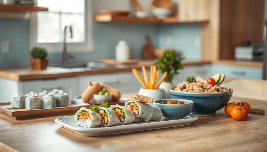 A cozy, minimal kitchen with wooden textures and light blue accents. Asian-inspired no-heat lunchbox meals elegantly arranged on a simple wooden table. Delicate sushi rolls, colorful veggie spring rolls, nourishing brown rice bowls, and fresh fruit artfully presented. Soft, natural lighting highlights the vibrant flavors and textures. The scene conveys a sense of balance, simplicity, and the appeal of easy, nourishing lunchbox options with Asian flair.