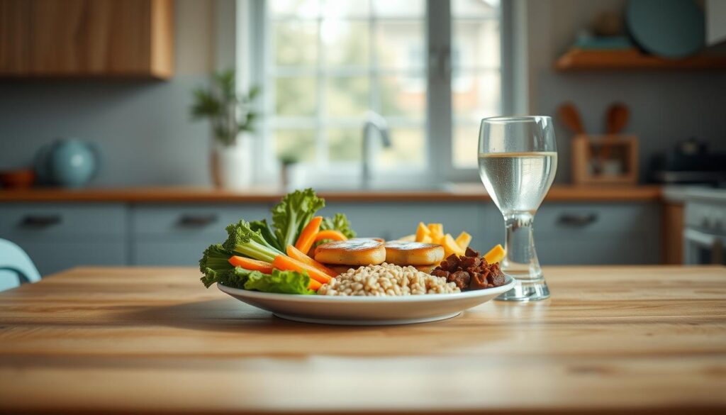 A cozy, minimal kitchen with wooden textures and light blue accents. In the center, a balanced meal arranged on a plate, showcasing portion control strategies for a diabetic-friendly lunch. Steamed vegetables, lean protein, and a small portion of whole grains are artfully presented, with a glass of water nearby. The lighting is soft and natural, accentuating the healthy, vibrant colors of the ingredients. The overall atmosphere conveys a sense of care and mindfulness around nourishing the body. No hands are visible, allowing the food to be the focal point.