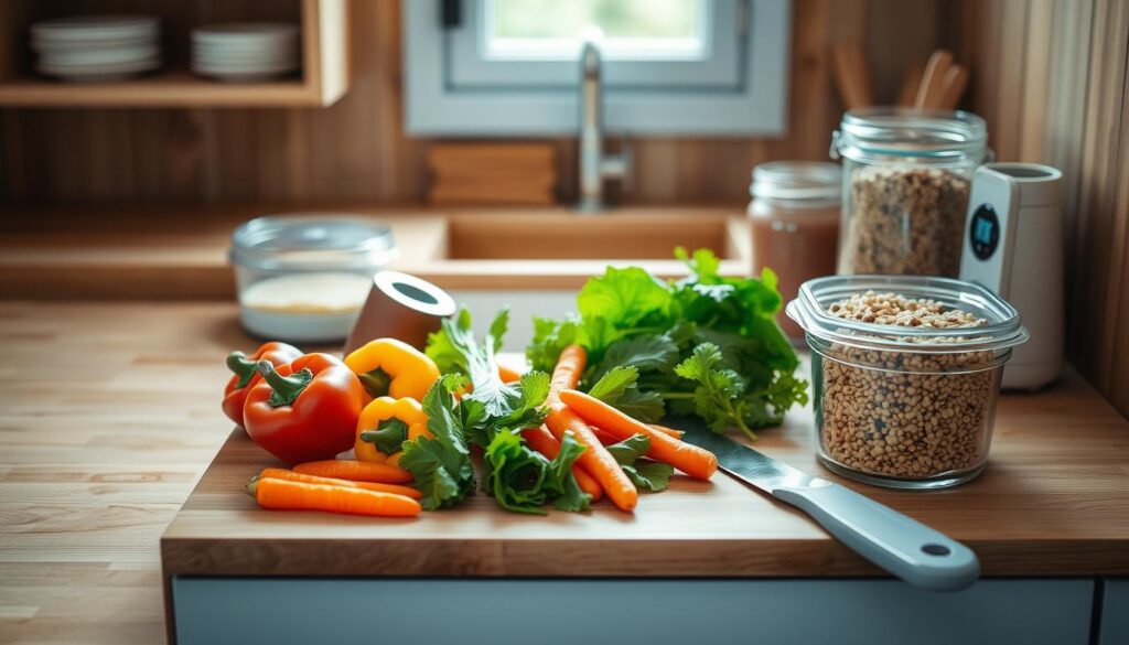 A cozy, minimal kitchen with wooden textures and light blue accents. In the center, a cutting board holds neatly arranged vegetables - vibrant bell peppers, crunchy carrots, and leafy greens. Nearby, a glass container filled with grains or legumes, and a jar of homemade dressing. Efficient meal prep tools like a digital scale, vegetable spiralizer, and portion-control containers are strategically placed, creating an organized workflow. Soft, diffused lighting highlights the freshness and functionality of the scene, conveying a sense of ease and intention in the art of meal preparation.