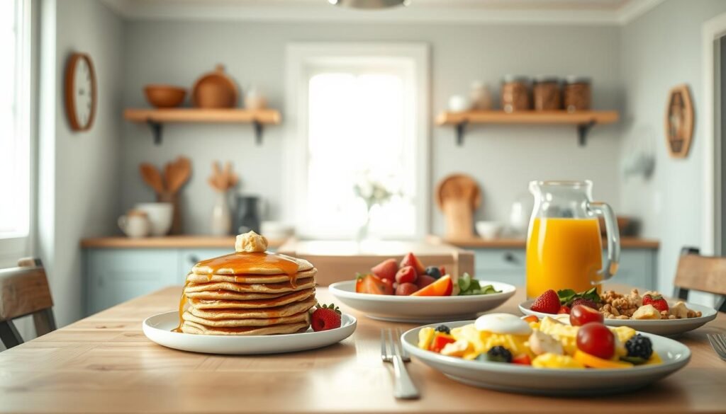 A cozy, minimal kitchen with wooden textures and light blue accents. In the foreground, a wooden table is set with an array of healthy brunch options - a stack of whole-grain pancakes drizzled with low-sugar syrup, a bowl of fresh berries, a platter of scrambled eggs with sautéed vegetables, and a pitcher of freshly squeezed orange juice. The middle ground features a bright window, letting in natural light and casting a warm glow over the scene. In the background, simple shelves hold jars of homemade granola and other low-sugar pantry staples. The overall atmosphere is inviting and family-friendly, reflecting the low-sugar, high-nutrition theme of the brunch spread.
