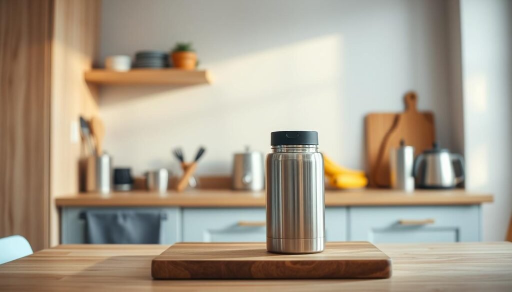 A cozy, minimal kitchen with wooden textures and light blue accents. In the foreground, a stainless steel thermos resting on a wooden cutting board. Steam gently rising, hinting at the innovative cooking methods within. In the middle ground, various kitchen tools and appliances, suggesting the versatility of thermos cooking. The background features a simple, clean-lined wall, allowing the focus to remain on the thermos and its hidden culinary potential. Soft, diffused lighting casts a warm, inviting glow, capturing the mood of effortless meal preparation for work and travel.