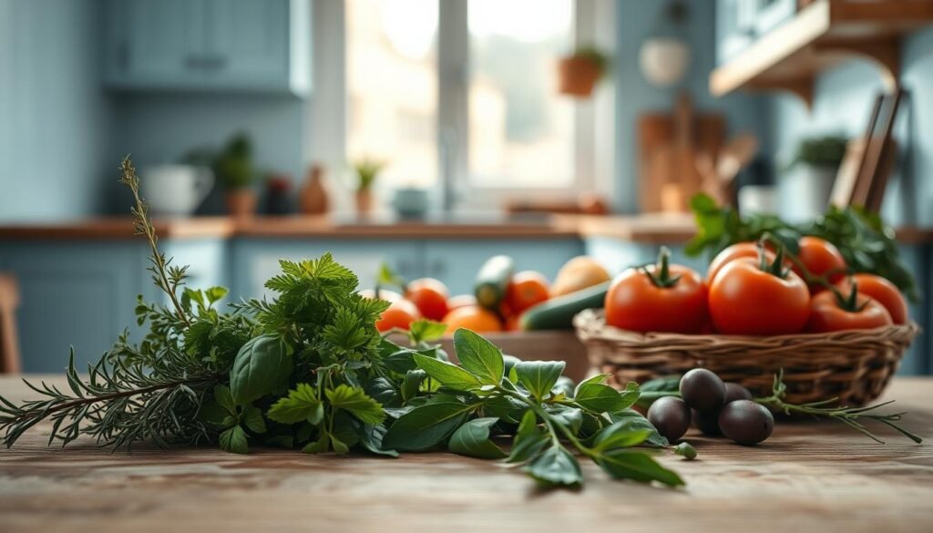 A cozy, minimal kitchen with wooden textures and light blue accents. In the foreground, a vibrant assortment of Mediterranean herbs, such as rosemary, oregano, and basil, artfully arranged. In the middle ground, a selection of fresh produce - tomatoes, cucumbers, and olives - representing the key ingredients of the Mediterranean diet. The background features a softly lit window, hinting at the sun-drenched landscapes of the region. The overall atmosphere is one of health, simplicity, and the joyful celebration of natural flavors.