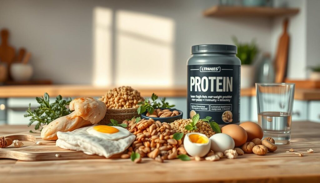 A cozy, minimal kitchen with wooden textures and light blue accents. In the foreground, a vibrant selection of protein-rich foods - lean chicken, eggs, lentils, and nuts - arranged artfully on a wooden cutting board. The middle ground showcases an open jar of protein powder, accompanied by fresh herbs and a glass of water, conveying the benefits of protein for weight management and immunity. The background features a simple, uncluttered wall, allowing the focus to remain on the nourishing ingredients. The lighting is soft and natural, casting a warm glow over the scene, creating an inviting and appetizing atmosphere.