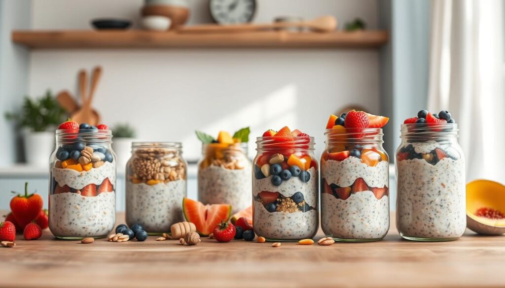 A cozy, minimal kitchen with wooden textures and light blue accents. In the foreground, a wooden tabletop showcases a variety of breakfast jars, each filled with creative flavor combinations. Vibrant fruits, nuts, and seeds cascade from the jars, creating a visually enticing display. The middle ground features a clean, white background, allowing the jars to take center stage. Soft, natural lighting casts gentle shadows, enhancing the textures and colors. The overall atmosphere is one of simplicity, wholesome goodness, and culinary inspiration, inviting the viewer to explore the endless possibilities of overnight oats.