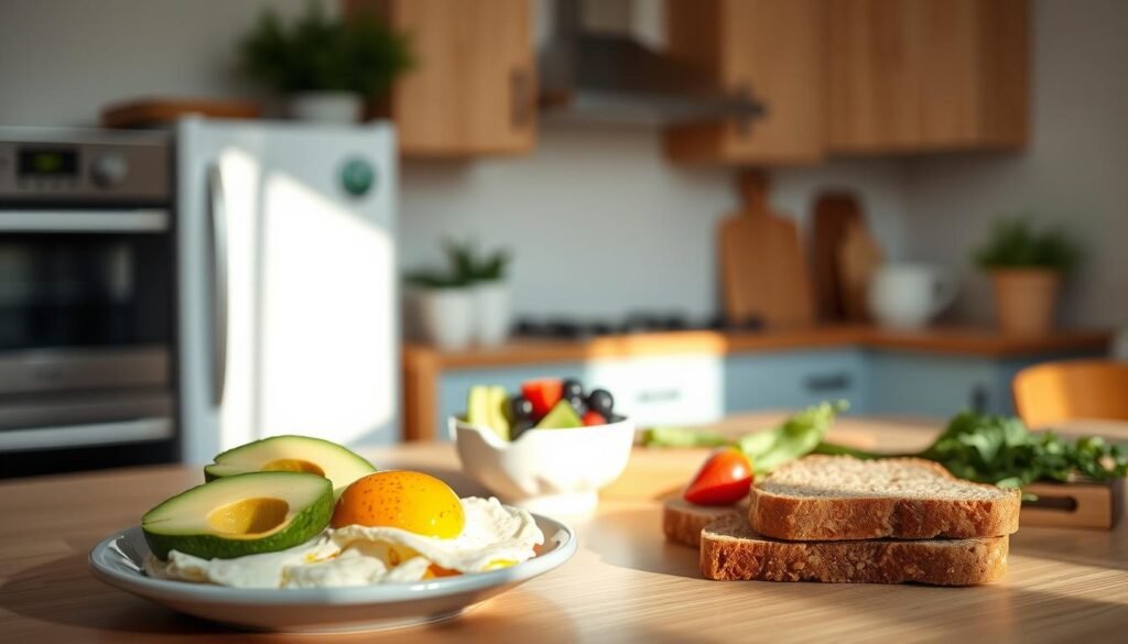 A cozy, minimal kitchen with wooden textures and light blue accents. In the foreground, a selection of protein-packed breakfast items arranged artfully - scrambled eggs, sliced avocado, Greek yogurt with berries, and a side of whole grain toast. The middle ground features a wooden cutting board with sliced vegetables and herbs, creating a fresh, nourishing scene. Soft, natural lighting illuminates the scene, casting a warm, inviting glow. The atmosphere is calm and stress-free, perfectly complementing the 